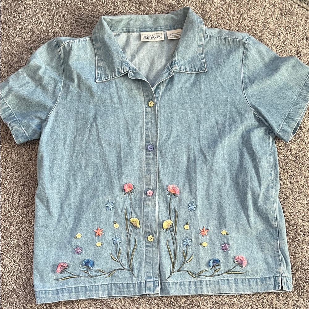 Vintage Floral Embroidered Denim Shirt